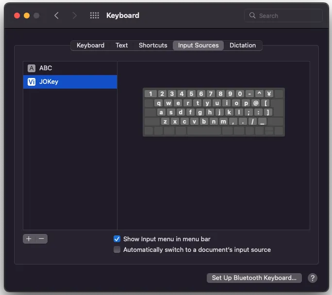 JOKey trong danh sách Input Sources