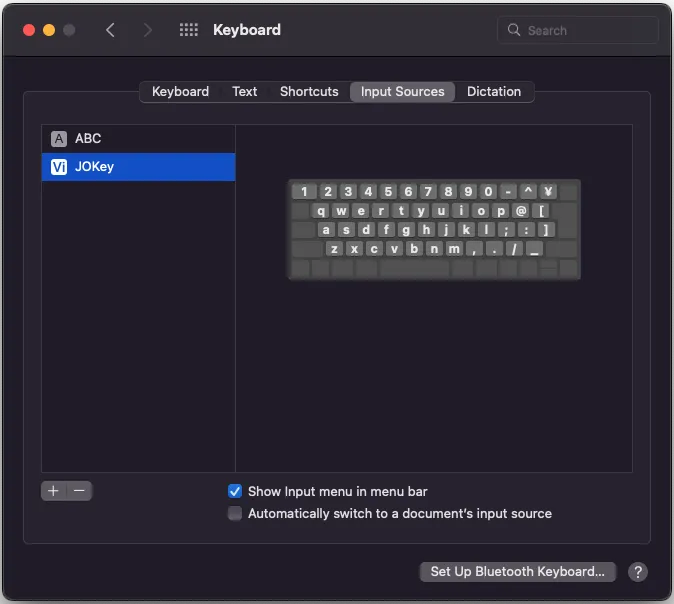 JOKey trong danh sách Input Sources