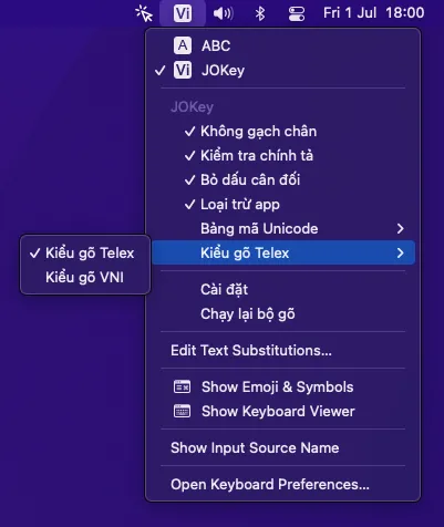 JOKey's menu in the macOS menu bar, with Telex and VNI typing modes