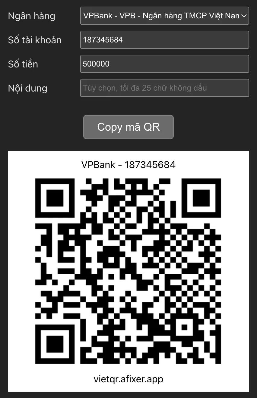 Trình tạo mã VietQR: chọn ngân hàng, nhập số tài khoản, số tiền và nhận mã QR